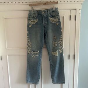 Free People Straight Leg Jeans with Embroidered Details